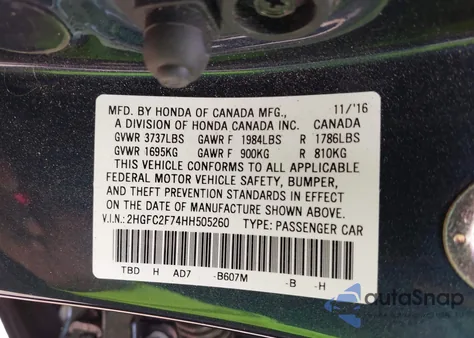 2017 Honda Civic Ex from USA, damaged, VIN 2HGFC2F74HH505260